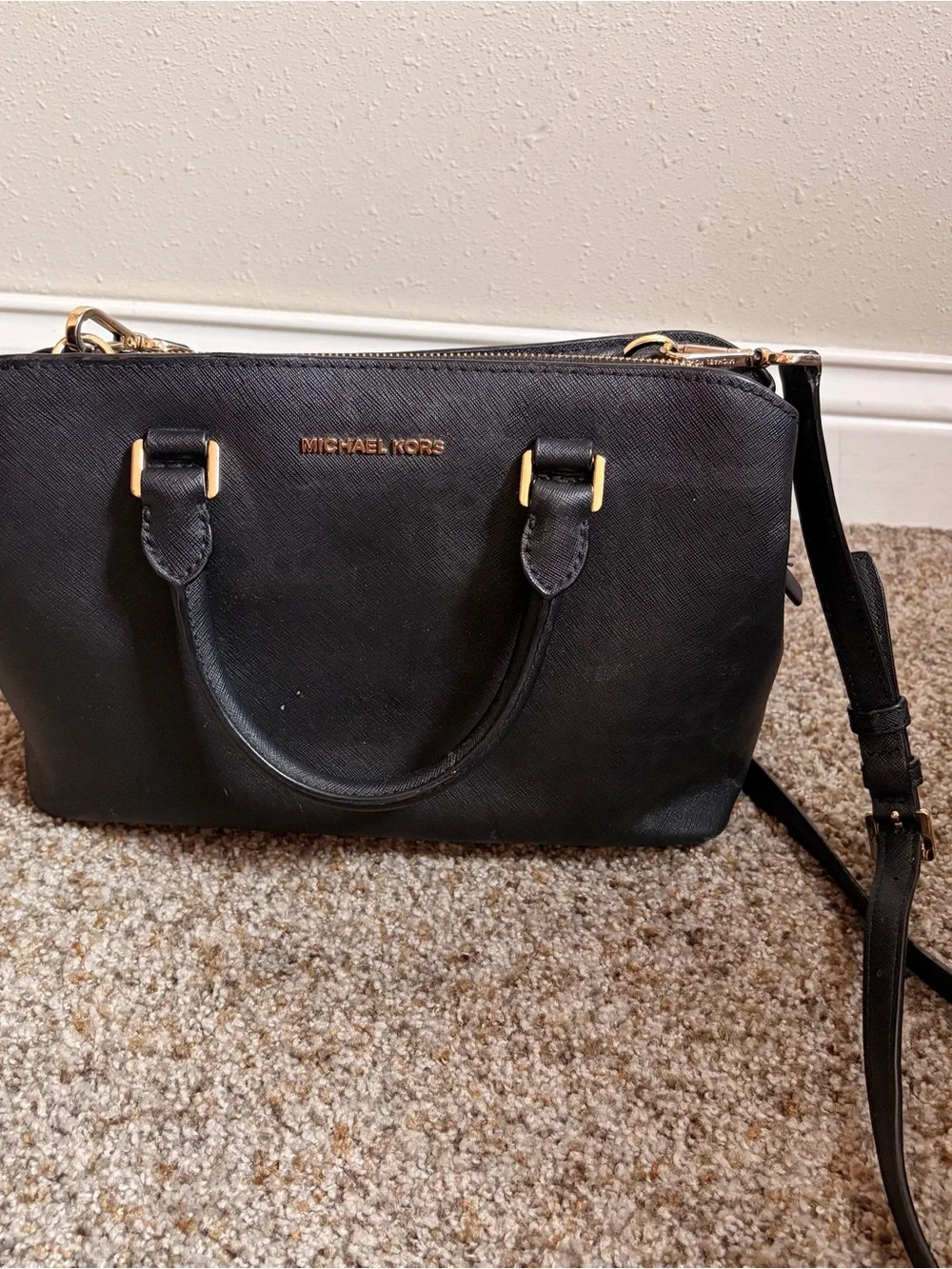 MICHAEL KORS Black Leather Top-Handle Satchel with Gold Hardware
